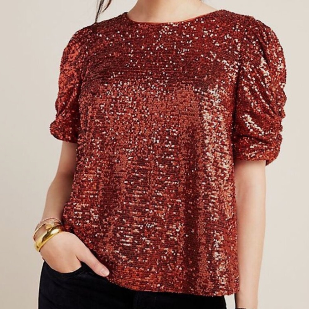 Anthro Copper Sequin Puff Sleeve Blouse